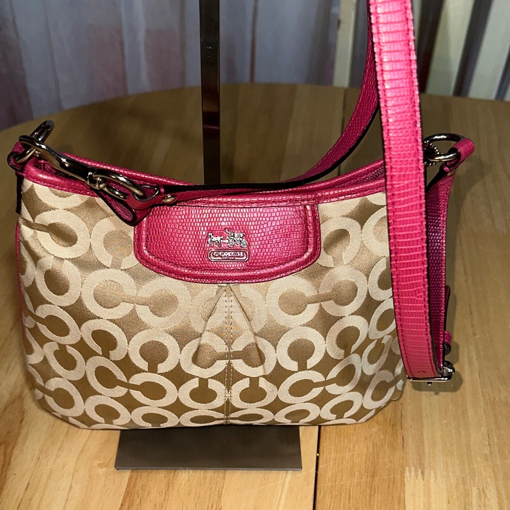 Coach Signature Canvas Crossbody Bag in Khaki/Hot Pink